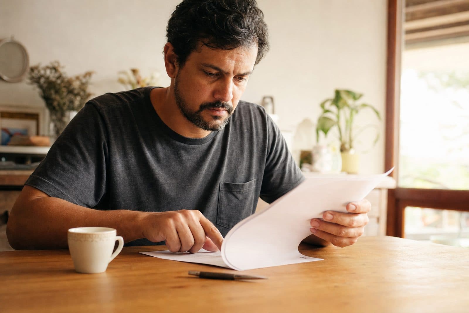 Homem sentado à mesa da sala corre o dedo por uma linha do contrato impresso